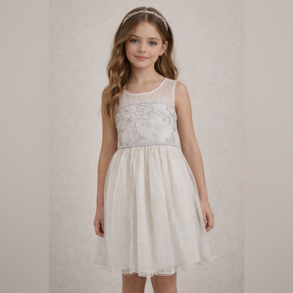 Iris & Ivy Cream Dress with Champagne Colored Floral Details
